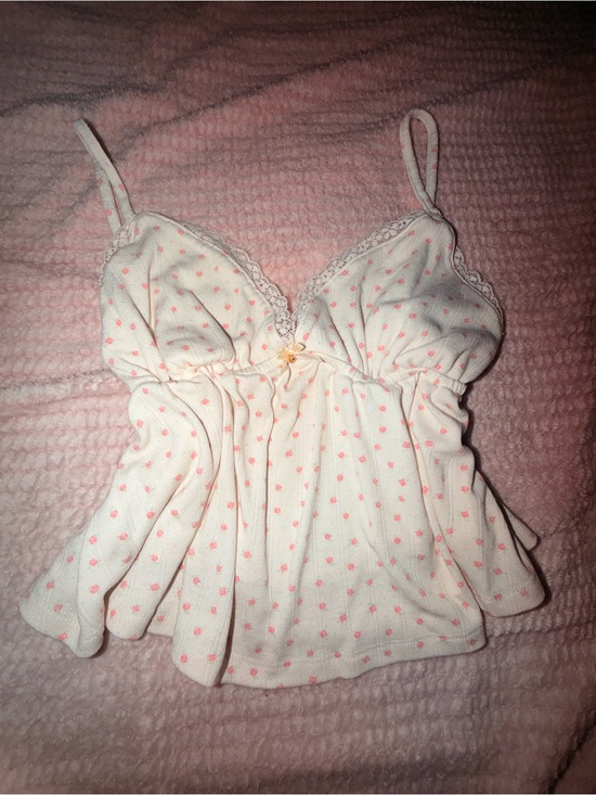 Pink Rose Tops - Pink Rose Cream Camisole with Pink floral Print and blue dots